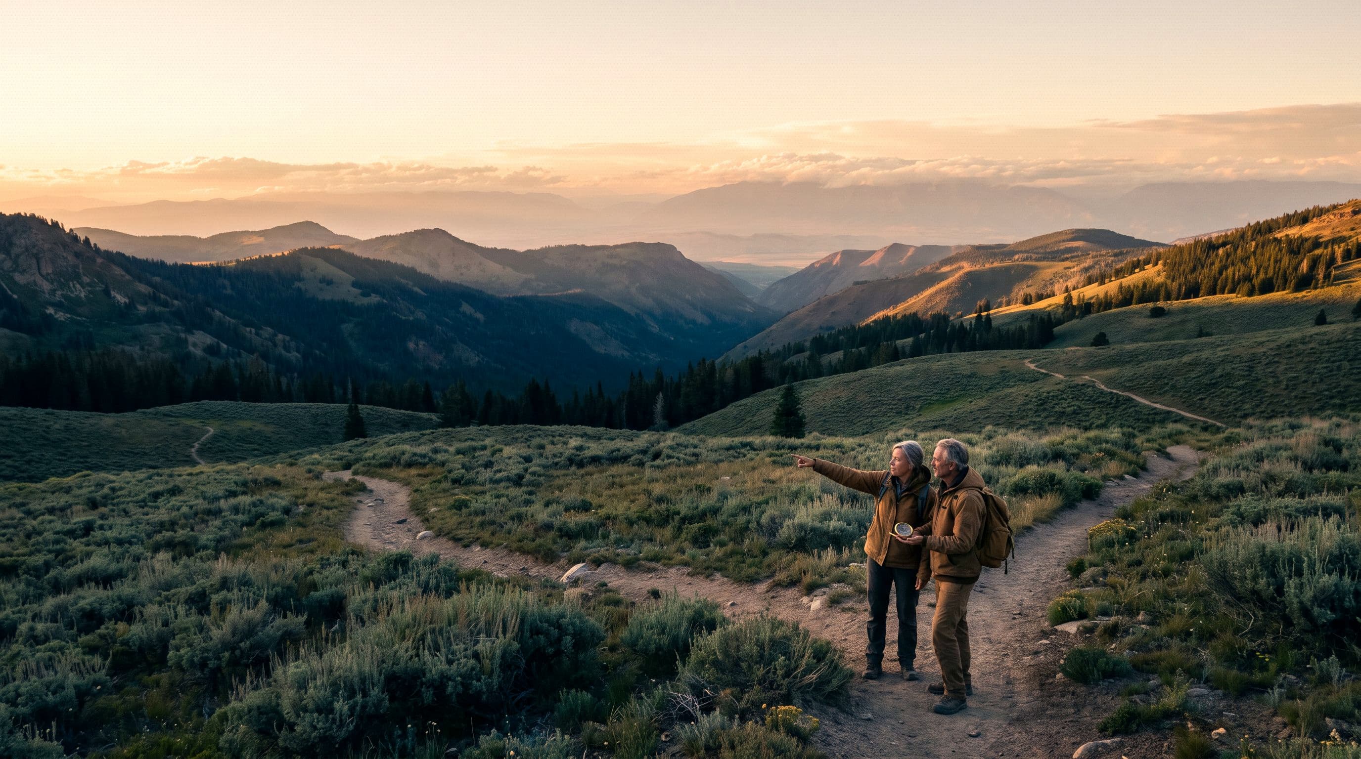 Two hikers checking a compass at a fork in an alpine trail at golden hour.
