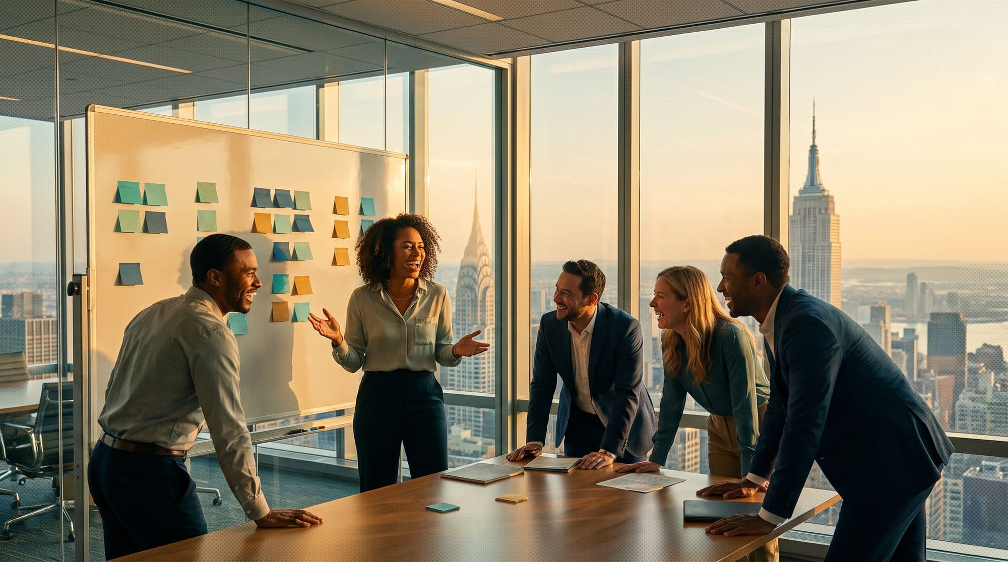 A team working through ideas on a whiteboard in a Manhattan office overlooking the skyline